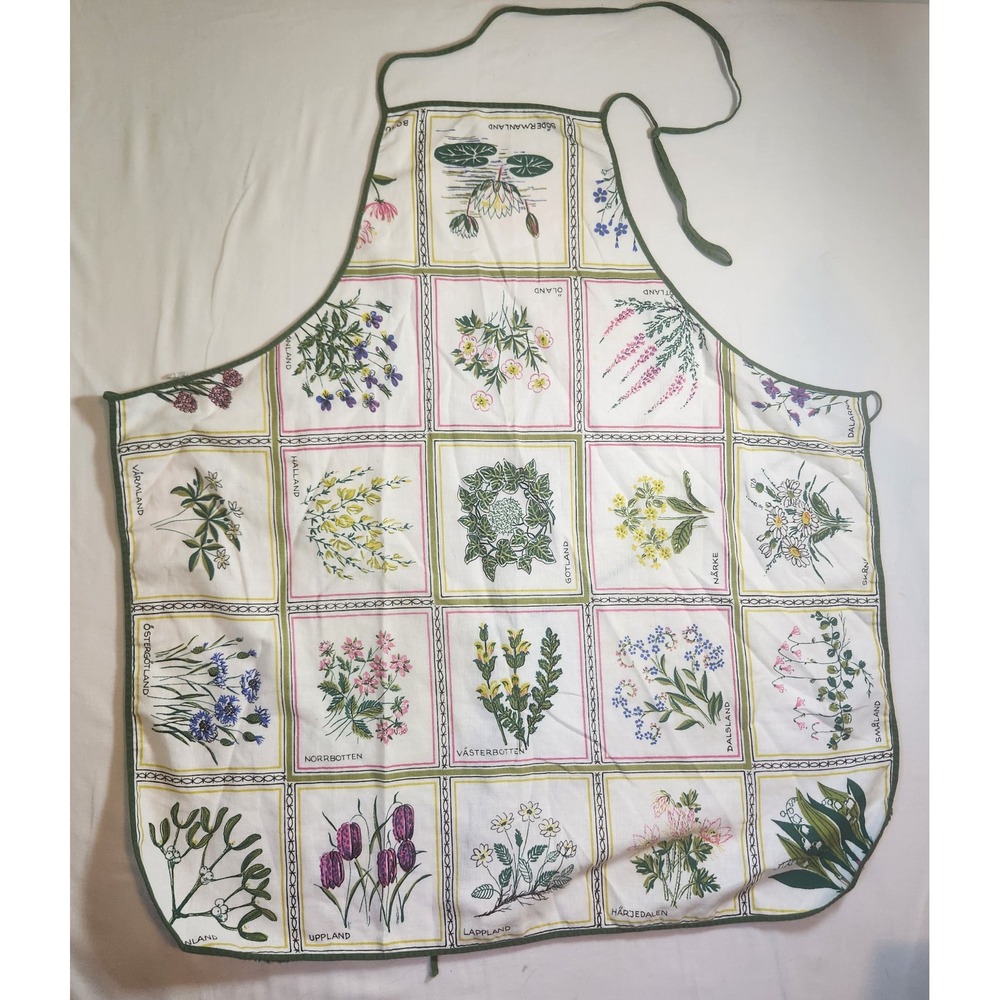 Vintage Swedish Botanical Floral Apron Landskapsblommor Scandinavian Wildflowers